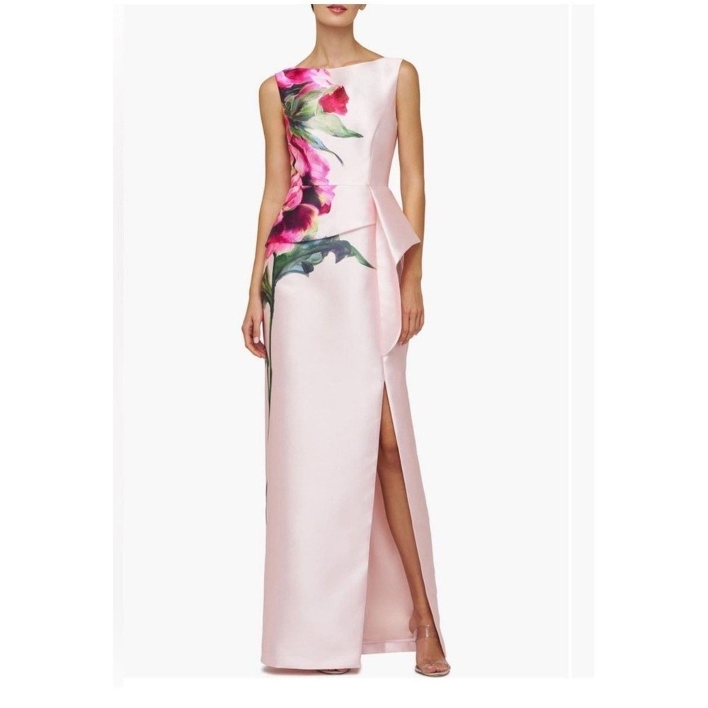 NWT Kay Unger Luciana Column Gown Blush Pink Floral Slit Maxi Dress SZ 6 Wedding